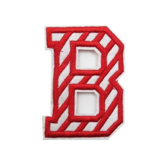 Applicazione "B" Ricamata Termoadesiva a Righe Bianche e Rosse