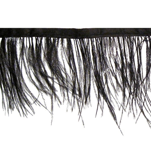 frangia con piume di struzzo cucite su nastro raso nero alto 1 cm. altezza totale frangia 8 cm perfetta come accessorio per capi. la frangia è in colore nero