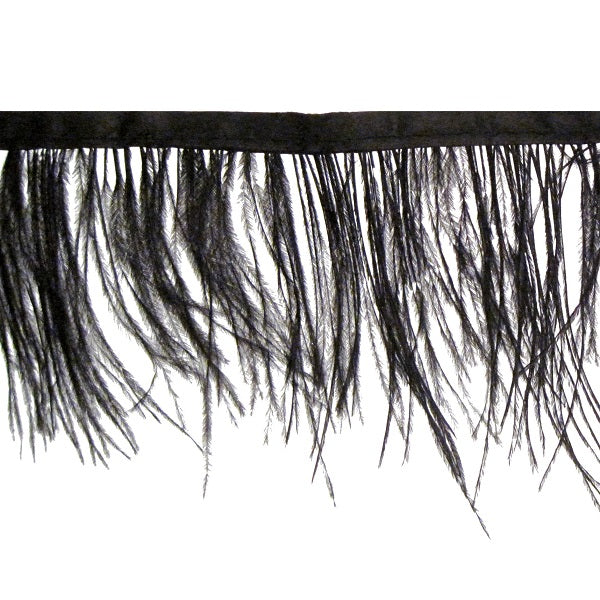 frangia con piume di struzzo cucite su nastro raso nero alto 1 cm. altezza totale frangia 8 cm perfetta come accessorio per capi. la frangia è in colore nero