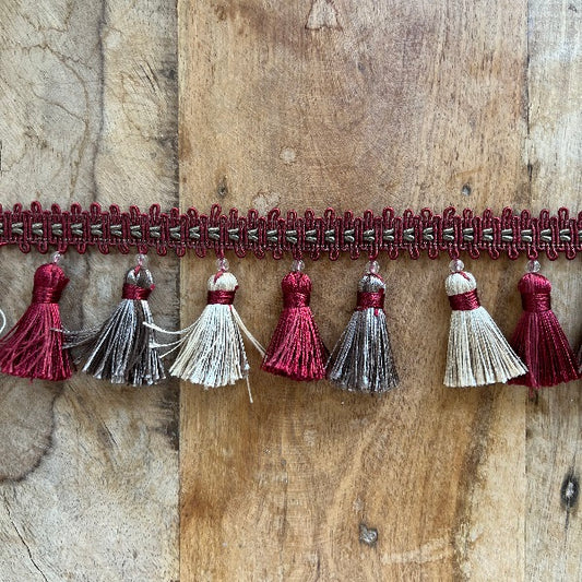 frangia multicolor con nappine colorate beige grigio bordeaux per tappezzaria o abbigliamento fai da te altezza totale 7 centimetri